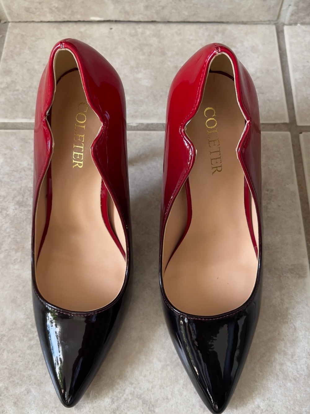 Two-Tone Red and Black Patent Pointed-Toe Pumps